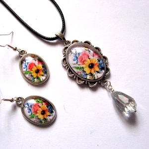 Set bijuterii pandantiv si cercei cu cabochon de sticla 1698, Bijuterii, Seturi de bijuterii, Decoupage, transfer si tehnici servetel, ARTYNOS