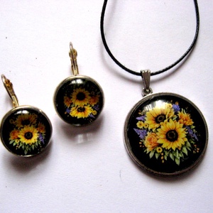 Set bijuterii pandantiv si cercei cu cabochon de sticla floarea soarelui 1699, Bijuterii, Seturi de bijuterii, Decoupage, transfer si tehnici servetel, ARTYNOS