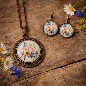 Set bijuterii pandantiv si cercei cu cabochon de sticla 200600, Bijuterii, Seturi de bijuterii, Decoupage, transfer si tehnici servetel, ARTYNOS