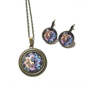 Set bijuterii pandantiv si cercei bronz cu cabochon de sticla 204501, Bijuterii, Seturi de bijuterii, Decoupage, transfer si tehnici servetel, ARTYNOS