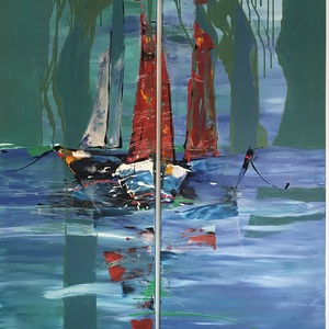 Tablou Boats � 120x120 cm, canvas, tehnica mixta � Dorothea Cailean - Artynos.ro