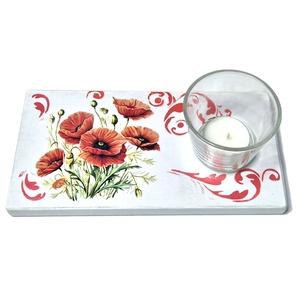 Suport lumanare din lemn - model maci - 085237, Casa & Stil de viata, Lumanari, parfumuri, arome, Suport de lumanari, Decoupage, transfer si tehnici servetel, ARTYNOS