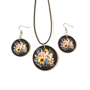 Set bijuterii din lemn cu model buchet flori 123957 - bijuterii - seturi de bijuterii - Artynos.ro