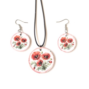 Set bijuterii din lemn cu model maci 122850, Bijuterii, Seturi de bijuterii, Confectionarea bijuteriilor, Decoupage, transfer si tehnici servetel, ARTYNOS