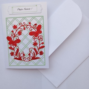 Felicitare de Paste, Casa & Stil de viata, Produse de papetarie, Invitatii, felicitari, , Felicitari pentru sarbatorile pascale, ou cu flori si fluturasi rosu sclipitor pe decor verde pal s..., ARTYNOS