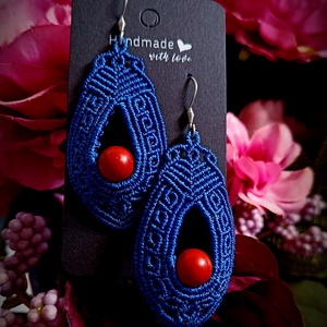 Cercei albastru micromacrame cu piatra Coral , Bijuterii, Cercei, Cercei agățați, Împletitură, Înnoda, ARTYNOS