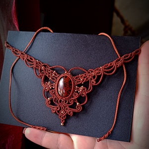 Colier maro macrame cristal obsidian  - bijuterii - coliere - colier y - Artynos.ro