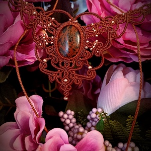 Colier maro macrame cristal obsidian  - bijuterii - coliere - colier y - Artynos.ro