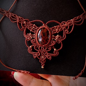 Colier maro macrame cristal obsidian  - Artynos.ro