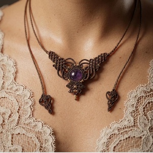 Colier Minimalist Micromacrame Medieval Ametist, Bijuterii, Coliere, Chockere, Innoda, Impletitura, Colier micromacrame, lucrat manual cu tehnica de noduri, din ata cerata premium cristal natural ame..., ARTYNOS