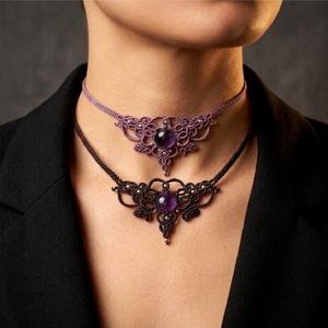 Colier Choker Minimalist Micromacrame Bohemian Ametist, Bijuterii, Coliere, Chockere, Innoda, Impletitura, Colier micromacrame, lucrat manual cu tehnica de noduri, din ata cerata premium, cristal natural am..., ARTYNOS