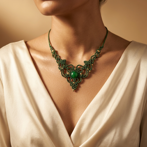 Colier Frunze Micromacrame Cu Jad Verde - Artynos.ro