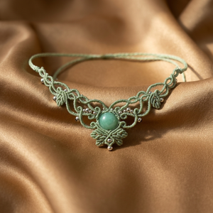 Colier Mini Choker Frunze Micromacrame Cu Jad - bijuterii - coliere - chockere - Artynos.ro
