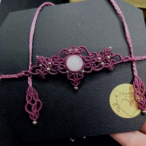 Choker Delicat Frunze Micromacrame Cu Cuart Roz - bijuterii - coliere - chockere - Artynos.ro