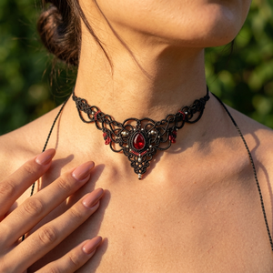 Colier Negru Victorian Micromacrame Cu Cristal Swarovski  - Artynos.ro