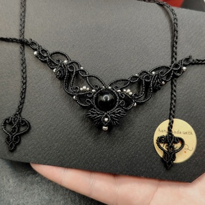 Colier Choker Negru Delicat Micromacrame Cu Cristal Obsidian  - bijuterii - coliere - chockere - Artynos.ro