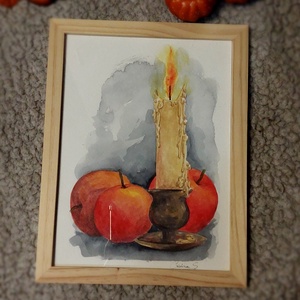 Ilustratie in acuarele - lumanare toamna , Arte vizuale si accesorii , Grafica, ilustratie, Alte desene, Pictura, Tablou original in acuarela, pictat manual pe hartie groasa, texturata, de calitate. 
O pictura dec..., ARTYNOS