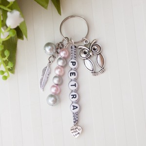 Breloc, ornament pentru geanta cu nume - Bufnita gri/roz, , , ARTYNOS