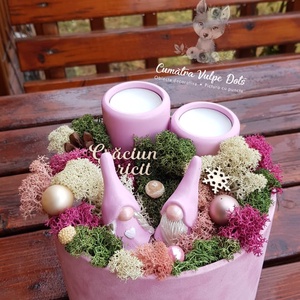 Decoratiune de iarna cu licheni -  cu doi gnomi si bradut in cutie medie de catifea - Artynos.ro