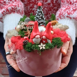 Decoratiune de iarna cu licheni -  cu doi gnomi si bradut in cutie de catifea - Artynos.ro