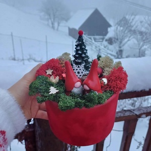 Decorațiune de iarnă cu licheni -  cu doi gnomi și brăduț în cutie de catifea - crăciun - cadouri de moș crăciun - decor cu moș crăciun - Artynos.ro