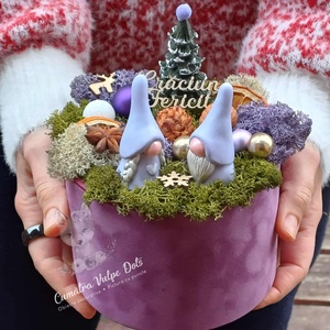 Decoratiune de iarna cu licheni -  cu doi gnomi si bradut in cutie de catifea mov, Craciun, Cadouri de Mos Craciun, Decor cu Mos Craciun, Obiecte pictate, Pictura, ARTYNOS