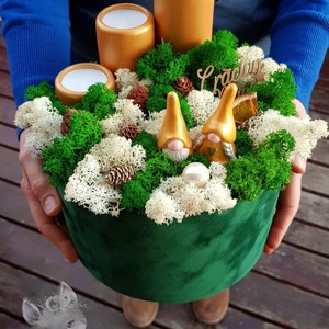 Decorațiune de iarnă cu licheni -  cu doi gnomi și brăduț în cutie mare de catifea verde - crăciun - cadouri de moș crăciun - decor cu moș crăciun - Artynos.ro