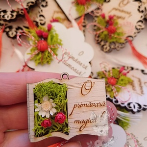Martisor carte - tip brosa - cu licheni si flori criogenate, Bijuterii, Martisor, Aranjament de flori, ARTYNOS