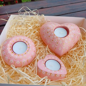 Set suporturi lumânari pictate cu tehnica punctului - roz - casă & stil de viață - lumânări, parfumuri, arome - suport de lumânări - Artynos.ro