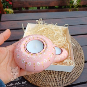 Set suporturi lumânari pictate cu tehnica punctului - roz - casă & stil de viață - lumânări, parfumuri, arome - suport de lumânări - Artynos.ro