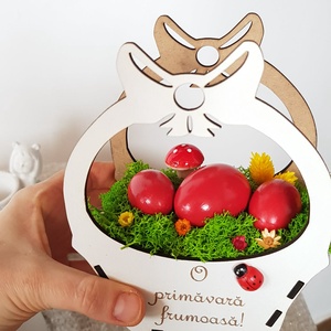 Decoratiune de Paste, cosulet cu licheni stabilizati si oua rosii - decor de sărbători - decorațiuni de paște - decor masă de paște - Artynos.ro