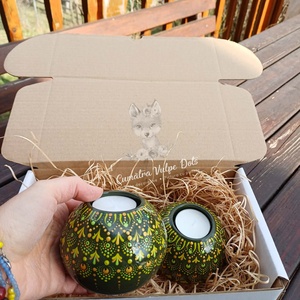 Set 2 obiecte decorative - suporturi lumânare - verde oliv - pictură cu puncte - casă & stil de viață - lumânări, parfumuri, arome - suport de lumânări - Artynos.ro