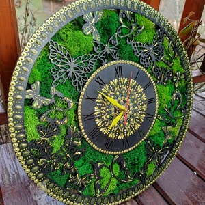 Ceas de perete cu licheni stabilizati și pictură cu techica punctului 40 cm - verde  - casă & stil de viață - decorațiuni de casă - decorațiuni de pereți - ceasuri de perete - Artynos.ro