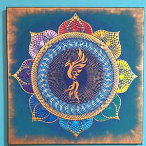 Phoenix pasare punctat mandala, , , Mandala unica punctata cu vopsea acrilica pe panza intinsa.

Dimensiuni: 40x40 cm

Pasarea phoenix ..., ARTYNOS