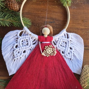 Ingeras Macrame de Craciun Handmade � Decoratiune Alba pe Cerc de Bambus cu Fulg de Nea din Lemn, Cadou de Craciun - Artynos.ro