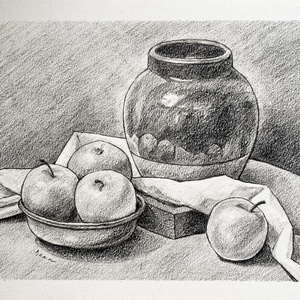 Desen în creion - vază cu mere - arte vizuale și accesorii  - grafică, ilustrație - desen în creion - Artynos.ro
