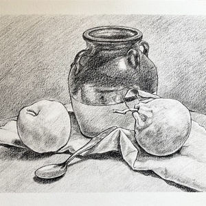 Desen în creion - ulcior cu măr și portocală - arte vizuale și accesorii  - grafică, ilustrație - desen în creion - Artynos.ro