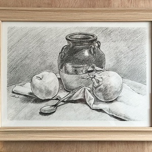 Desen în creion - ulcior cu măr și portocală - arte vizuale și accesorii  - grafică, ilustrație - desen în creion - Artynos.ro