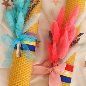 Set lumânări cununie sau botez, din ceară naturală de albine - accesorii nuntă - materiale decor pentru nuntă - lumânări de nuntă și suport lumânări - Artynos.ro