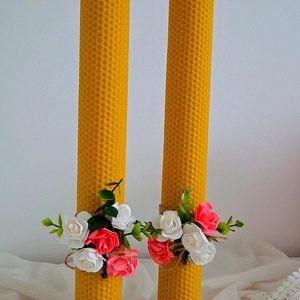 Set lumânări cununie/botez, din ceară naturală de albine - accesorii nuntă - materiale decor pentru nuntă - lumânări de nuntă și suport lumânări - Artynos.ro