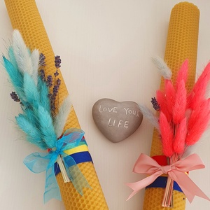 Set lumânări cununie sau botez, din ceară naturală de albine - accesorii nuntă - materiale decor pentru nuntă - lumânări de nuntă și suport lumânări - Artynos.ro