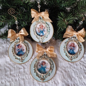 Set de 4 decoratiuni handmade Ingeri vintage in albastru si aur eleganta cereasca pentru bradul tau - Artynos.ro