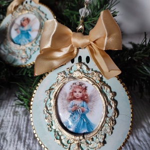 Set de 4 decoratiuni handmade Îngeri vintage în albastru și aur eleganță cerească pentru bradul tău - crăciun - decorațiuni de crăciun de casă - globuri de crăciun - Artynos.ro