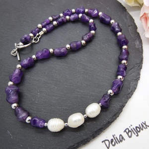 Colier handmade - ametist si perle cultura (cod1249), Bijuterii, Coliere, Coliere statement, Confectionarea bijuteriilor, ARTYNOS