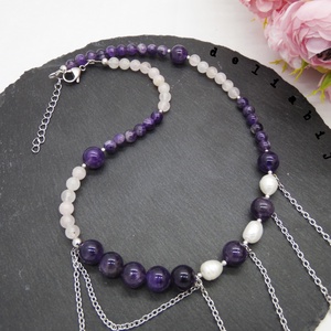 Colier handmade unicat - ametist, cuart si perle cultura (cod1194) - bijuterii - coliere - coliere statement - Artynos.ro