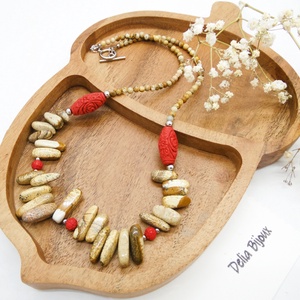 Colier statement handmade unicat - jasp si cinabru (cod1281) - bijuterii - coliere - coliere statement - Artynos.ro