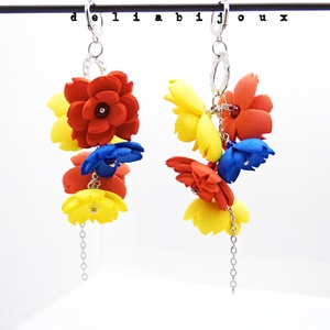 Cercei statement lungi cu flori Tricolor handmade unicat din foamiran și inox (cod1298) - bijuterii - cercei - cercei candelabru - Artynos.ro