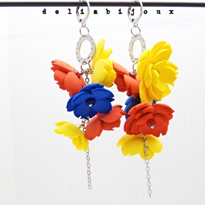 Cercei statement lungi cu flori Tricolor handmade unicat din foamiran și inox (cod1298) - bijuterii - cercei - cercei candelabru - Artynos.ro