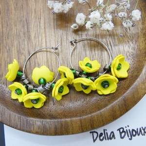 Cercei Handmade din Foamiran Galben cu Detalii Florale si Margele Verzi (cod1149), Bijuterii, Cercei, Cercei candelabru, Confectionarea bijuteriilor, ARTYNOS