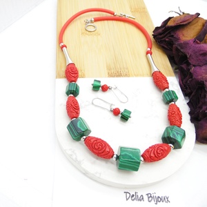 Set bijuterii handmade - malachit si cinabru (cod1215), Bijuterii, Seturi de bijuterii, Confectionarea bijuteriilor, ARTYNOS